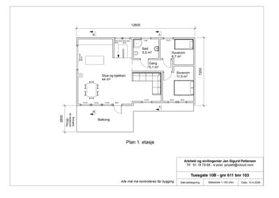 Etasjeplan (Plan 1. etasje) som viser romfordeling, mål og funksjoner i en bolig.