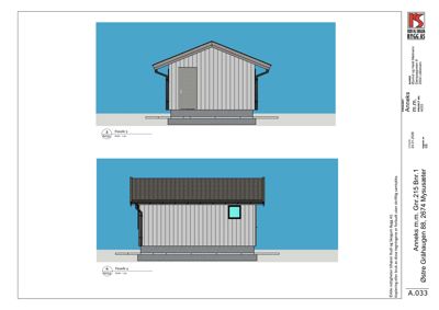 Fasadetegning som viser front- og sideopprikk av en bygning (anneks).