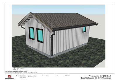 3D-visualisering (perspektiv) av en planlagt bygning med tak, fasade og vinduer.