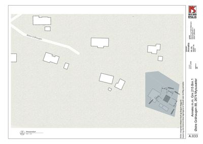 Situasjonskart som viser tomtens beliggenhet i forhold til nabolag, veier og eksisterende bygninger.