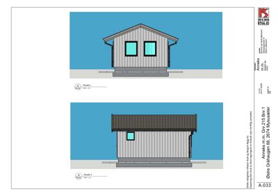 Fasadetegning som viser to utsnitt (Fasade 1 og Fasade 2) av en bygning med tak, vinduer og grunnmur.