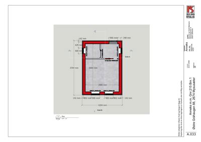 Etasjeplan (plan) for et annektsrom med angitte mål og snittreferanser.