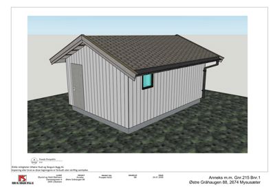 3D-visualisering (rendering) av en liten bygning (anneks) sett fra en vinkel som viser fasade og tak.