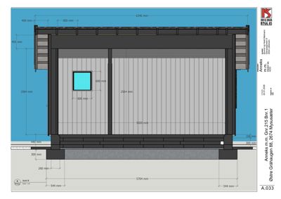 Snittegning (tverrsnitt) som viser bygningens konstruksjon, høyder og grunnmur.