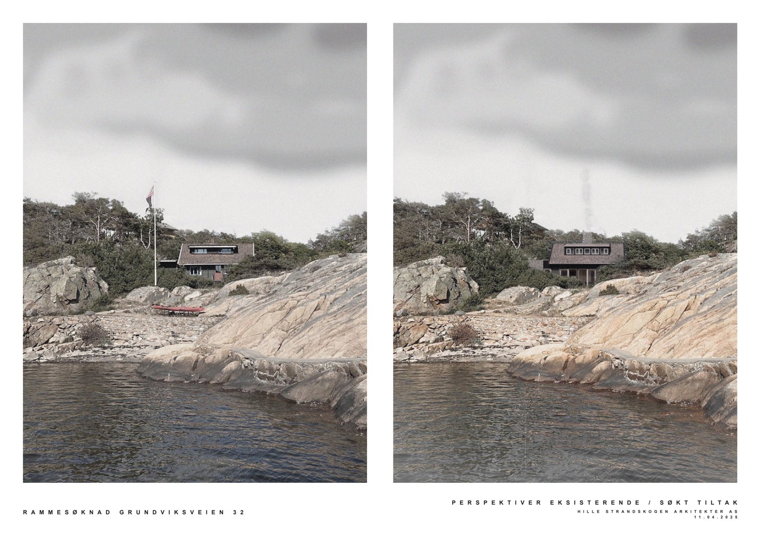 Fotografier av eksisterende bygning ved vannet. Bildene viser to perspektiver på samme hus, med tekst som bekrefter at det er 'PERSPEKTIVER EKSISTERENDE'.