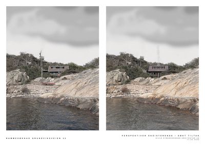 Fotografier av eksisterende bygning ved vannet. Bildene viser to perspektiver på samme hus, med tekst som bekrefter at det er 'PERSPEKTIVER EKSISTERENDE'.