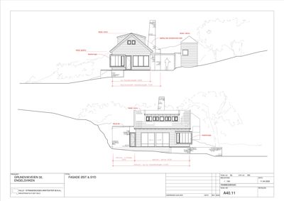 Fasadetegning som viser bygningens utseende fra øst og syd, inkludert mål og detaljer.