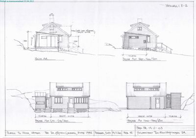 Fasadetegning med oppriss av en hytte sett fra fire ulike vinkler (Sør, Nord, Vest, Øst).
