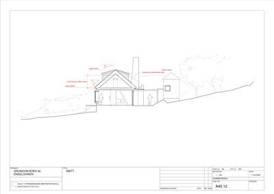 Snittegning som viser bygningens tverrsnitt, høyder og forhold til terrenget.