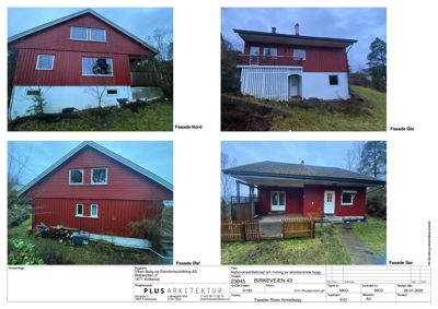 Fotografier av en eksisterende rød hytte sett fra fire ulike sider (Nord, Øst, Vest og Sør). Bildene er tatt for å dokumentere bygningens utseende før riving.