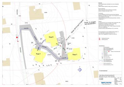 Situasjonsplan som viser tomtens beliggenhet, naboeiendommer, eksisterende og planlagt bebyggelse (Bygg A, B, C), veier (Blaugraven, Vålerveien), og kommunale arealer (SP10, SP110).