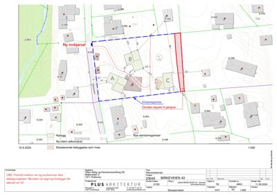 Situasjonsplan som viser tomtens plassering i forhold til nabolag, eiendomsgrenser og planlagte endringer (ny innkjørsel, ny adkomstvei).