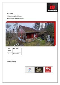 Fotografi av en rød villa med tilhørende utemiljø og nabolag.