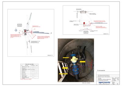 En teknisk detaljtegning som viser en vannklokkemaskin med tilhørende rør og komponenter, inkludert dimensjoner og referanser til tegninger.