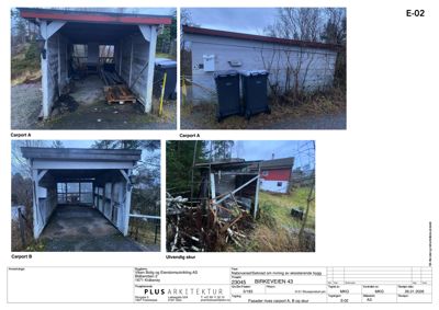 Fotografier av eksisterende carport A, carport B og en skur på Birkeveien 43.