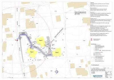 Situasjonsplan som viser tomtens beliggenhet, eksisterende og planlagt bebyggelse (Bygg A, B, C), veier, vannledninger og arealbruk.