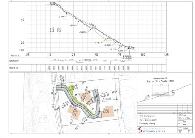 Situasjonsplan med normalprofil for vei og anleggsarbeider.