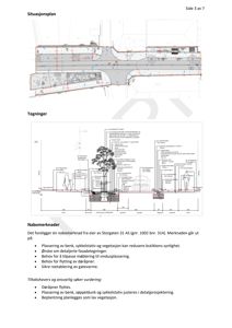 Bildet viser en situasjonsplan med tegninger for etasjeplan og fasadeoppsett, samt en nabomerknad med punktopplysninger om tiltaket.