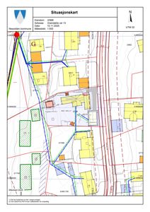 Situasjonskart som viser eiendomsnummer, adresse, dato, målestokk, nabolag, veier og topografi.