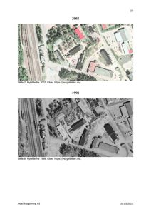 To flybilder (fra 2002 og 1998) som viser et industriområde med jernbanespor og bygninger.