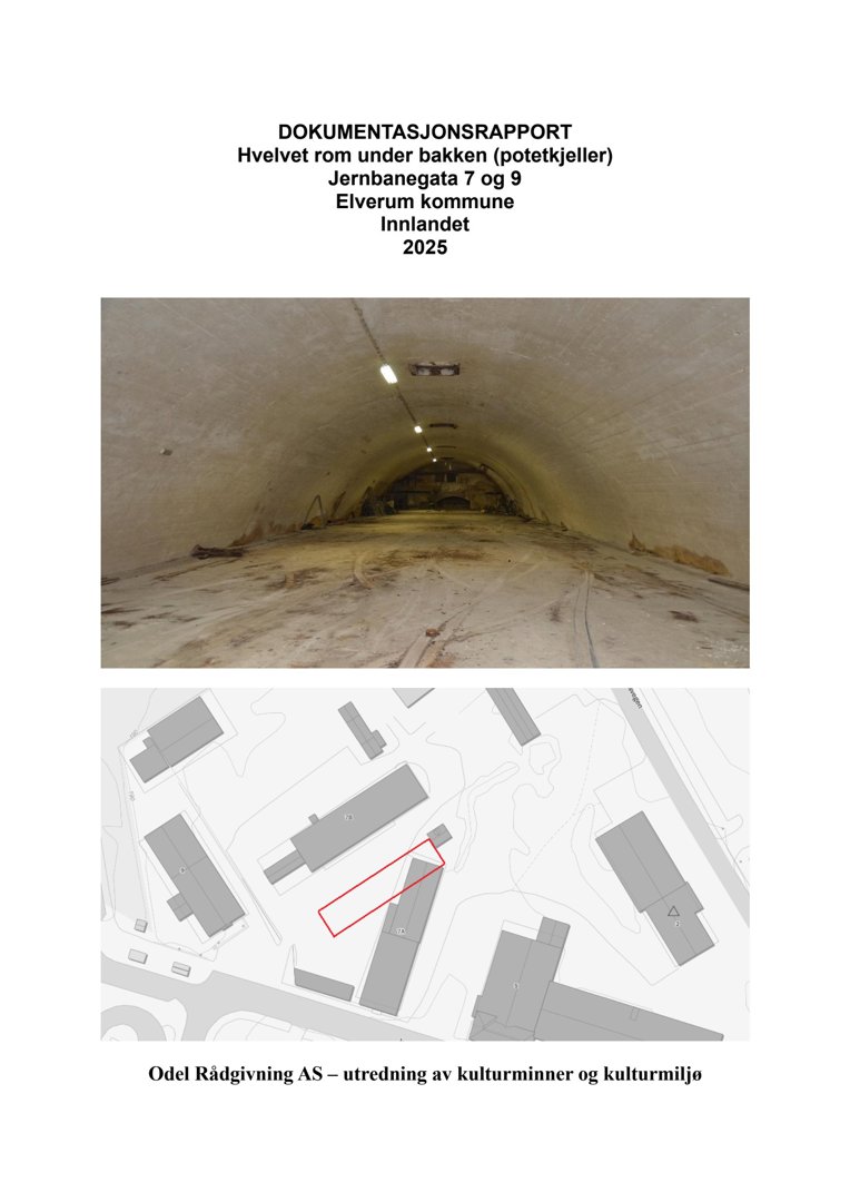 Dokumentasjonsrapport som viser et fotografi av et hvelvet rom under bakken (potetkjeller) og en situasjonsplan med bygningers plassering.