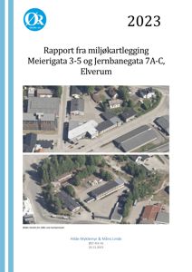 Dokumentet viser to flyfoto tatt fra lufta. Bildene viser bygninger og tomter i Elverum, og er brukt som bakgrunnsmateriale i en rapport om miljøkartlegging.