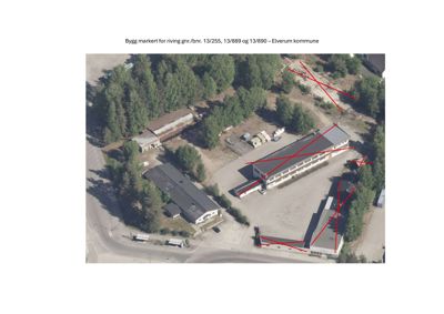 Flyfoto av eiendom med markerte bygninger for riving