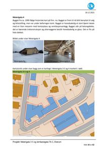 Kartutsnitt som viser bygningene i Meierigata 3-5 og 4 markert i rødt og blått.