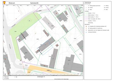 Kartutsnitt (situasjonsplan) som viser eiendomsgrenser, bygninger, vegnett og arealbruk i Elverum.