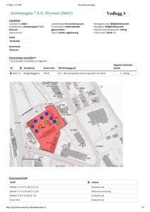 Situasjonsplan som viser forurenset område (rødt) med boligebyggelse i Jernbanegata 7 A-C, Elverum, inkludert naboeiendommer og gatenavn.