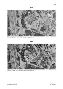 To historiske flybilder (fra 1970 og 1961) som viser et område med jernbanespor, skog og bygninger.