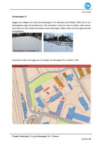 Kartutsnitt som viser bygningene på Jernbanegata 7A-C med farger som indikerer status (blått for eksisterende, rødt for revet).