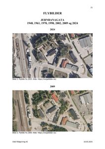 Side med to flybilder (fra 2024 og 2009) av et område ved Jernbanagata.