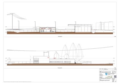 Snittegning som viser tverrsnittet av bygningene sett fra siden, inkludert terrengforhold og taklinjer.