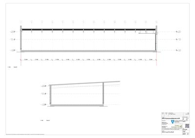 Snittegning som viser tverrsnittet av en bygning eller konstruksjon med mål og detaljer.