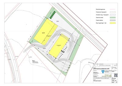 Situasjonsplan som viser eiendomsgrenser, vegforhold, arealbruk og bygningsplassering.