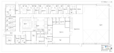 Etasjeplan som viser romfordeling, møblering og funksjoner i et kontorbygg.