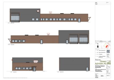 Fasadetegning som viser bygningens utseende fra fire sider (Vest, Øst, Sør, Nord).