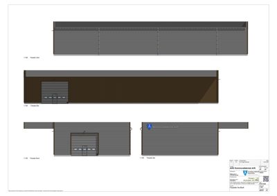 Bildet viser fasadetegninger for en bygning sett fra fire ulike sider (Vest, Øst, Nord, Sør).