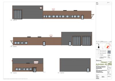 Bildet viser fasadetegninger for en bygning, med utsnitt for vest, øst, sør og nord.