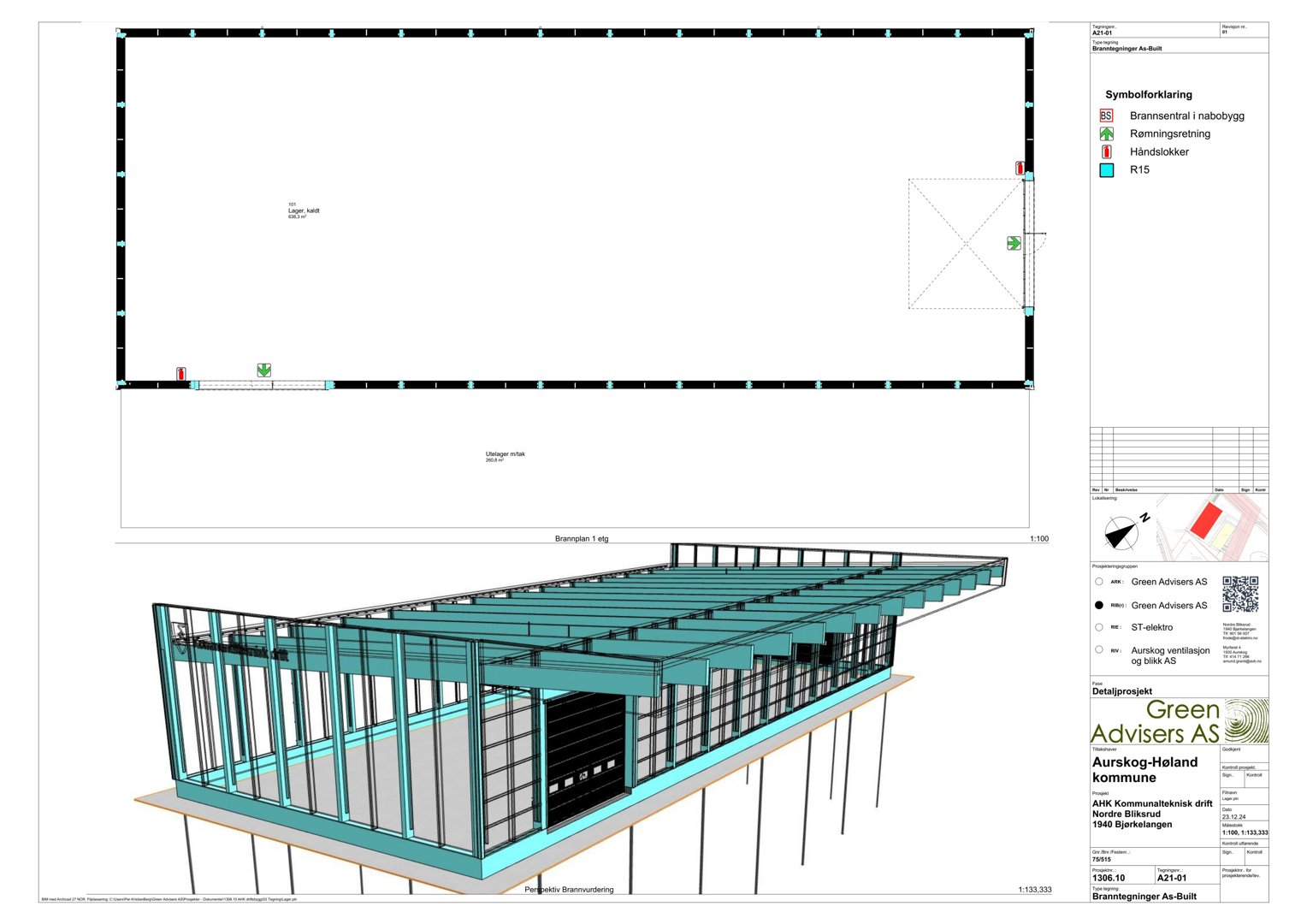 3D-visualisering av en bygning med konstruksjon og fasadeelementer