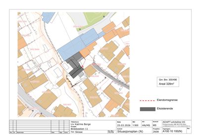 Situasjonsplan som viser eiendomsnummer, areal, eiendomsgrenser og eksisterende bygninger i forhold til nabolaget.