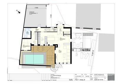 Etasjeplan (Plan 1. etasje) som viser romfordeling, møblering og arealer for en bolig.