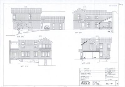 Fasadetegning som viser bygningens utseende fra fire sider (syd, øst, vest, nord) med detaljer om vinduer, dører og takform.