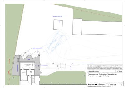 Etasjeplan for et nytt bygg (varerom og sappelhåndtering) med angitte romarealer, trapp og tilhørende utendørs arealer.