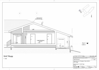 Snittegning (snitt) av en tilbygg til en bygning, som viser romfordeling, høyder og konstruksjon.