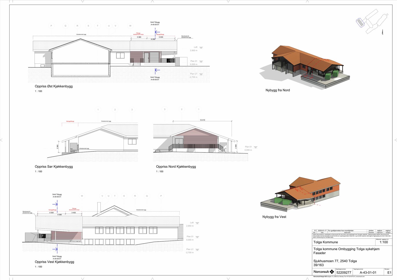 Fasadetegning med oppriss (skisse) og 3D-visualiseringer av en bygning.