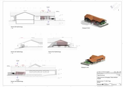 Fasadetegning med oppriss (skisse) og 3D-visualiseringer av en bygning.