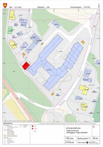 Situasjonsplan som viser tomt, bygninger, veier og omgivelser for en planlagt ombygging av Tolga sykehjem.