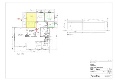 Bildet viser en tegning med etasjeplan (PLAN 1.ETG) og et snitt (SNITT A-A) for en bygning.